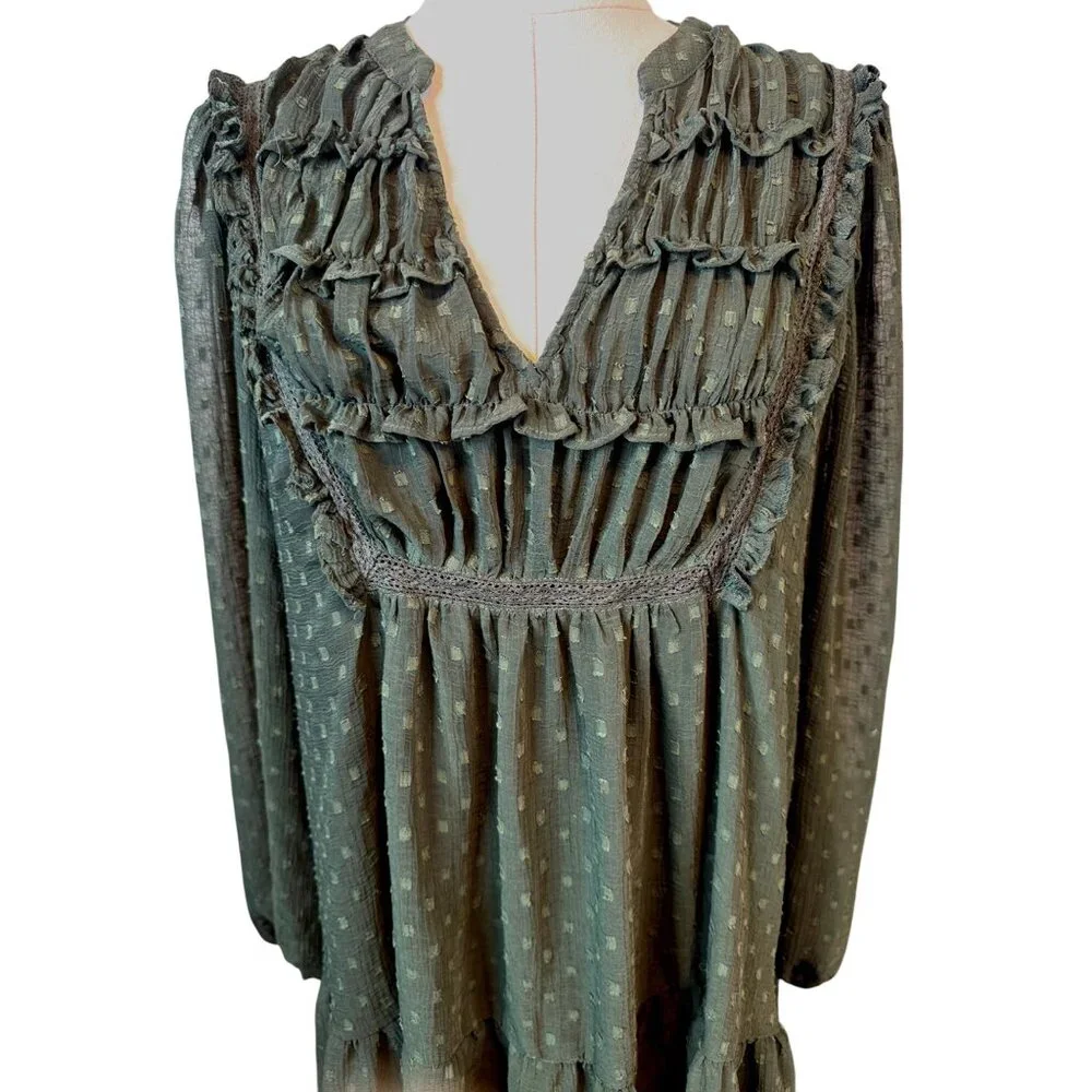 2/$30 ZARA Olive Green Small Sheer Textured Long Sleeve Dress - Picture 6 of 15